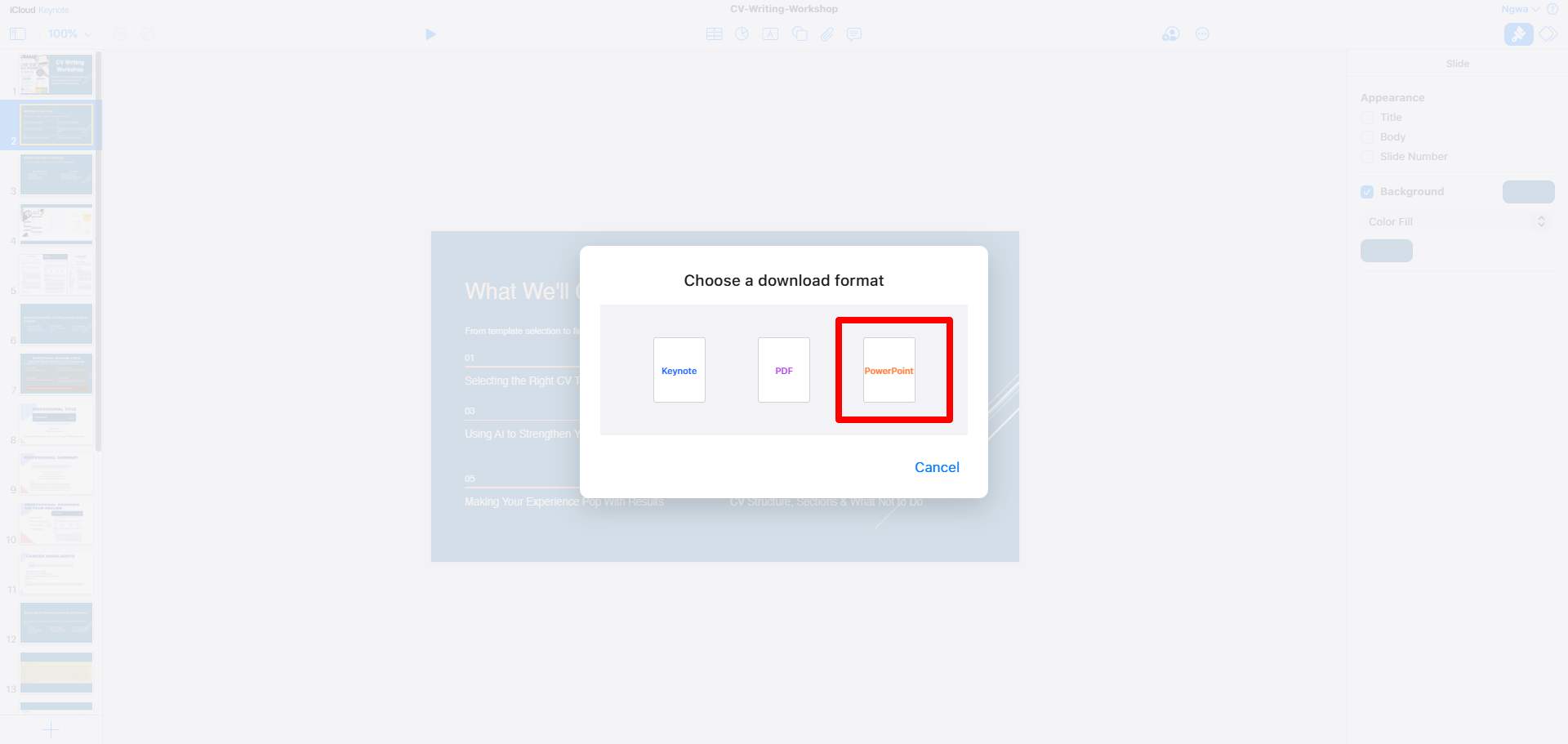 keynote export options