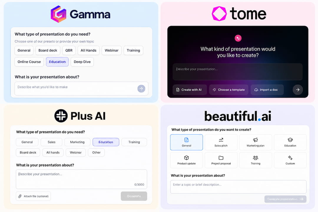 Gamma vs Beautiful vs Tome vs Plus AI presentation makers