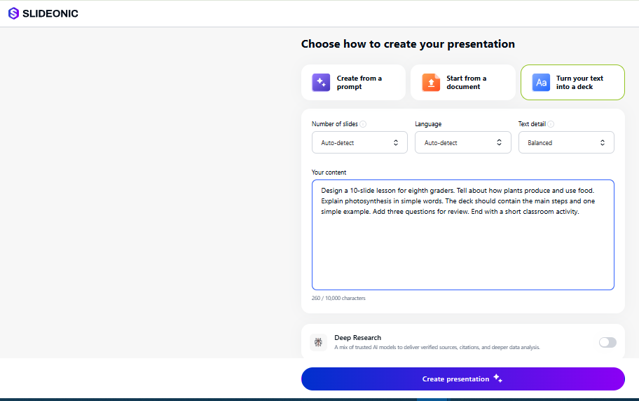 Slideonic AI presentation maker for teachers prompt