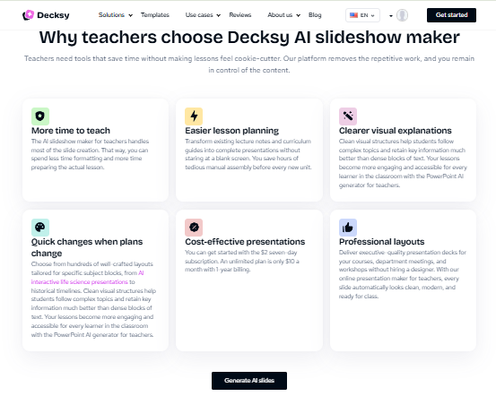 decksy AI presentation maker for teachers benefits